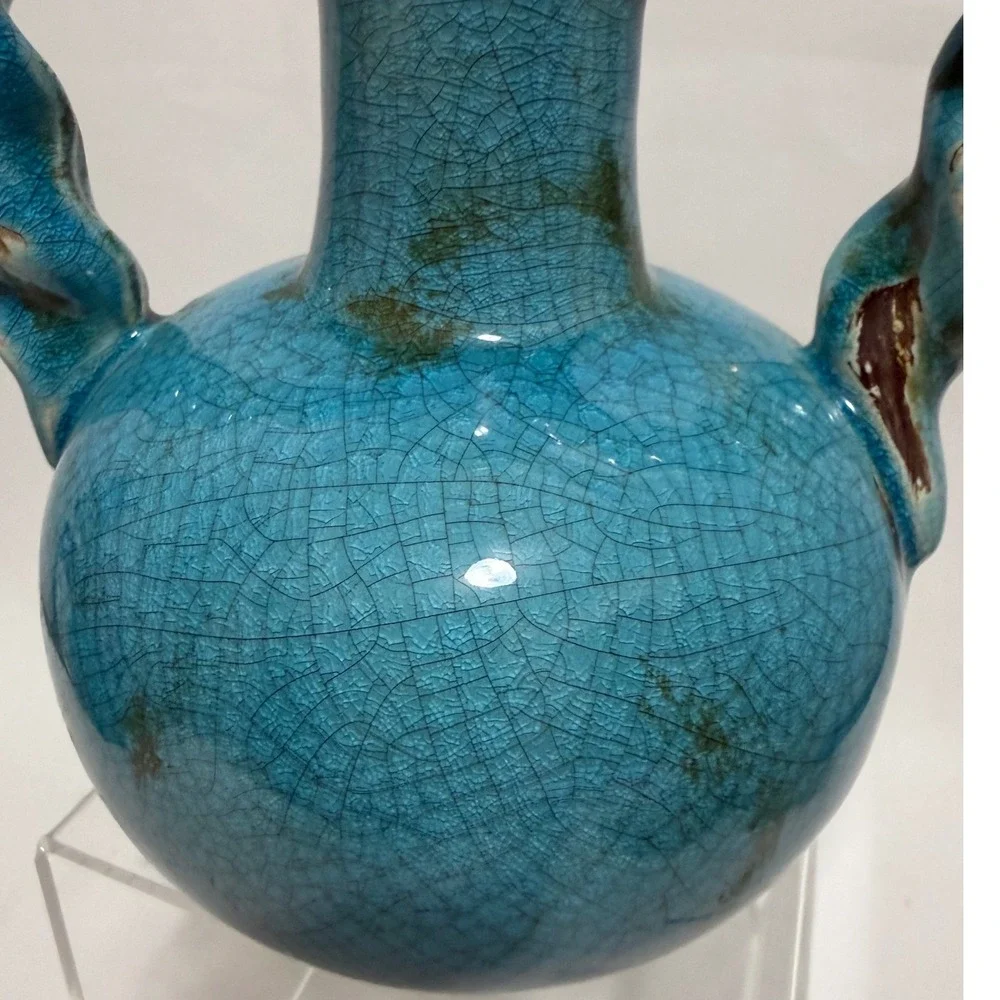 Turquoise Crackle Glaze Amphora Vase Twisted Handles Mediterranean Decor 7